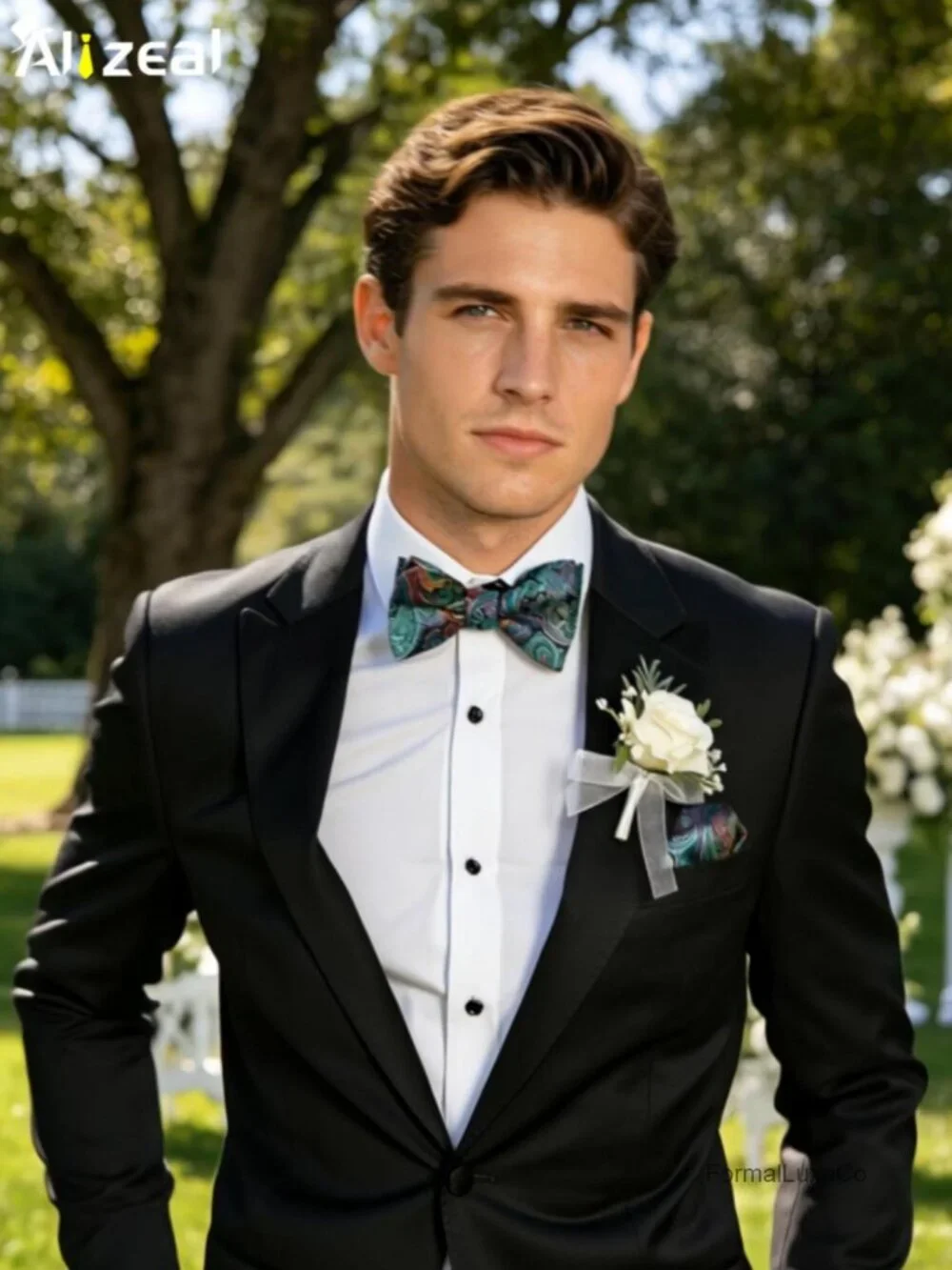 Mens Paisley Jacquard Bow Tie and Pocket Square Set Adjustable